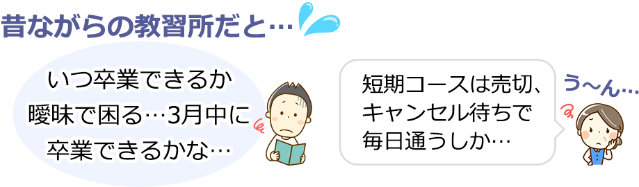 昔ながらの教習所だと：いつ卒業できるか曖昧で困る…3月中に卒業できるかな…
